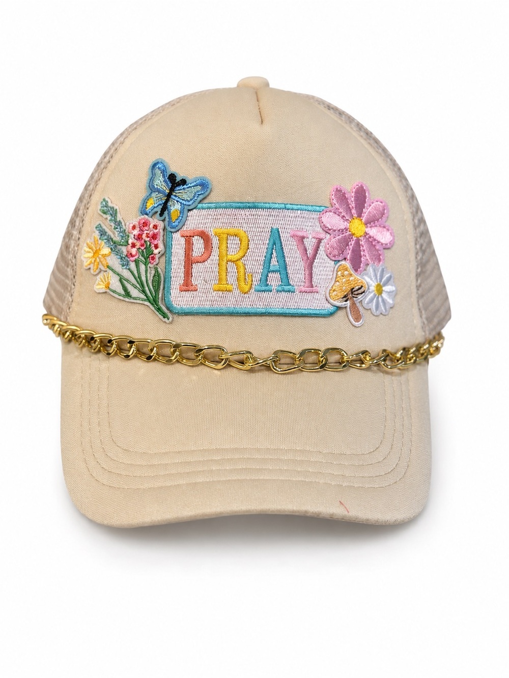 Hand Crafted Beige 'PRAY' Embroidered Cap with Gold Chain